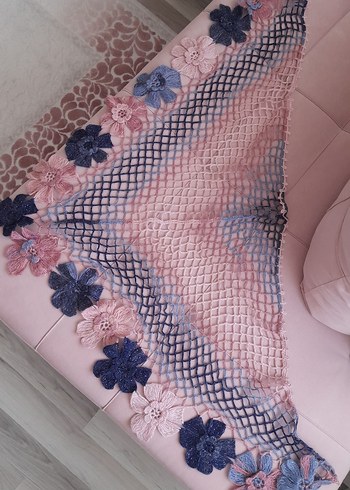 Dantel Detaylı Pembe Bohem Örgü Şal - Görsel 3