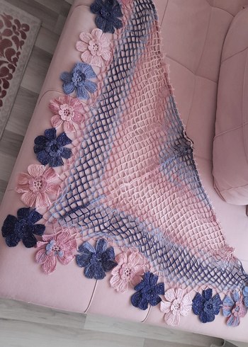 Dantel Detaylı Pembe Bohem Örgü Şal - Görsel 2