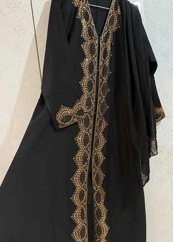 Taş İşlemeli Siyah Uzun Kadın Ferace Elbise - Görsel 3