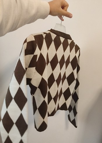 Kahverengi Kareli Örgü Kadın Hırka - Görsel 2