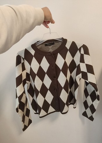 Kahverengi Kareli Örgü Kadın Hırka - Görsel 4