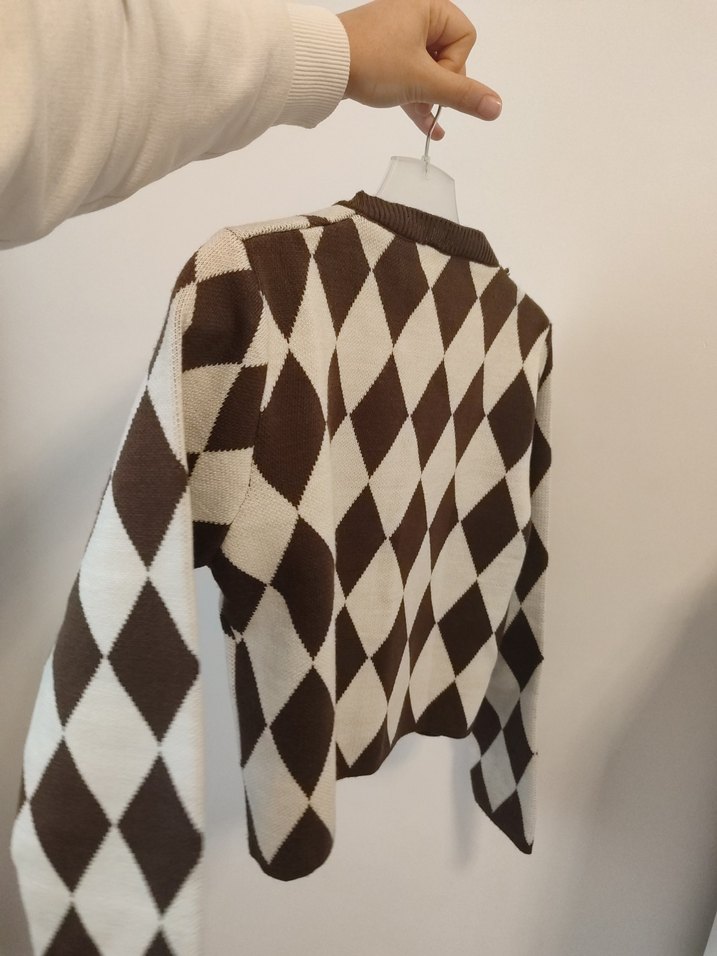 Kahverengi Kareli Örgü Kadın Hırka - Görsel 2