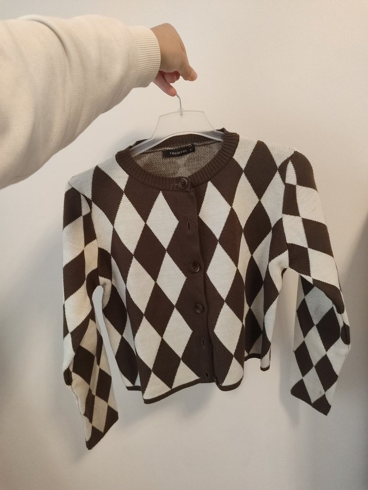 Kahverengi Kareli Örgü Kadın Hırka - Görsel 4