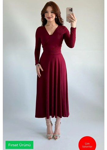 Bordo Uzun İpek Dokulu Elbise - Görsel 2