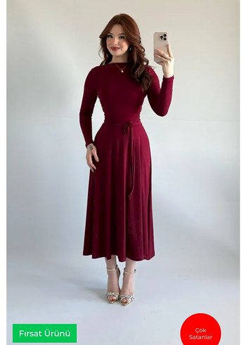 Bordo Uzun İpek Dokulu Elbise - Görsel 3