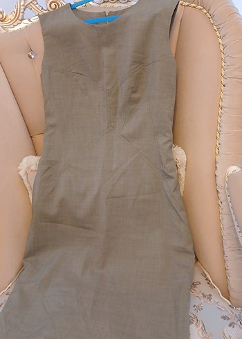 Bej Keten V Yaka Uzun Kalem Elbise Sarar marka keten - Görsel 6