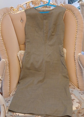 Bej Keten V Yaka Uzun Kalem Elbise Sarar marka keten - Görsel 3