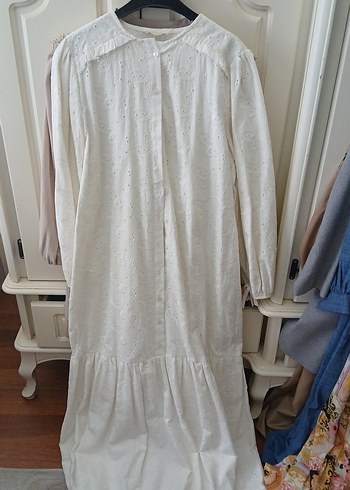 Manuka Uzun Kollu Beyaz Bohem Keten Elbise - Görsel 2