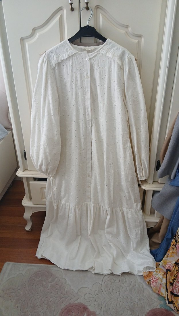 Manuka Uzun Kollu Beyaz Bohem Keten Elbise - Görsel 5