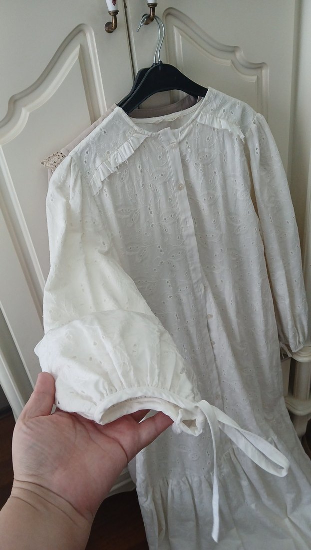 Manuka Uzun Kollu Beyaz Bohem Keten Elbise - Görsel 3