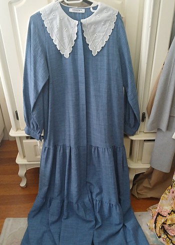 Kadriye baştürk uzun Kollu Mavi  Denim elbise - Görsel 4