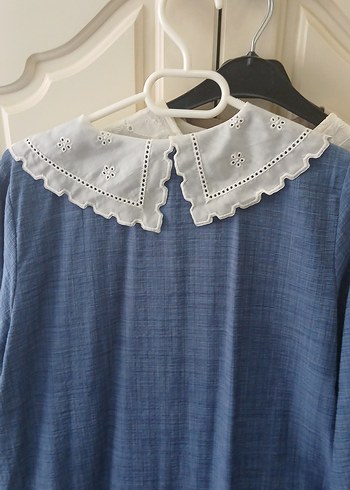 Kadriye baştürk uzun Kollu Mavi  Denim elbise - Görsel 5