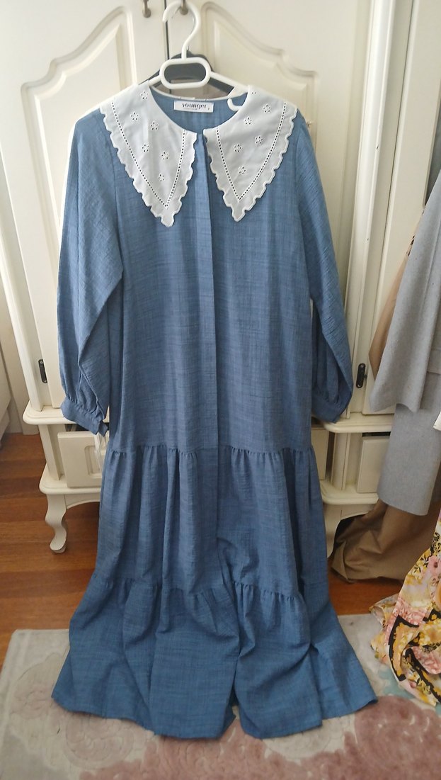 Kadriye baştürk uzun Kollu Mavi  Denim elbise - Görsel 4