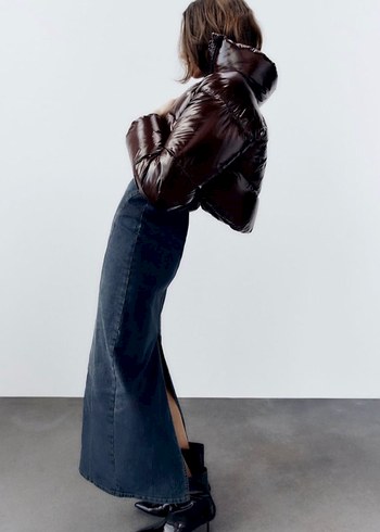 Zara Kadın Koyu Kahverengi Fermuarlı Kısa Mont - Görsel 3