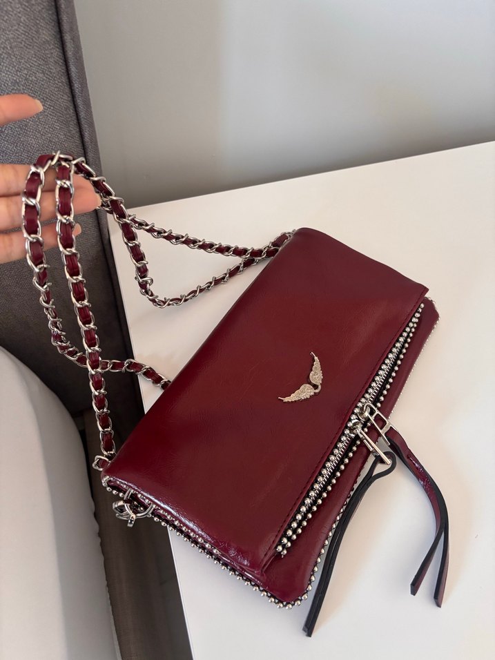 Bordo Zincir Detaylı Deri Kadın Çapraz Çanta - Görsel 5