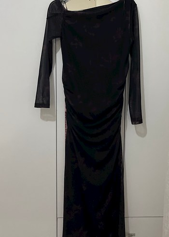 Siyah Drapeli Uzun Kollu Uzun Elbise - Görsel 2