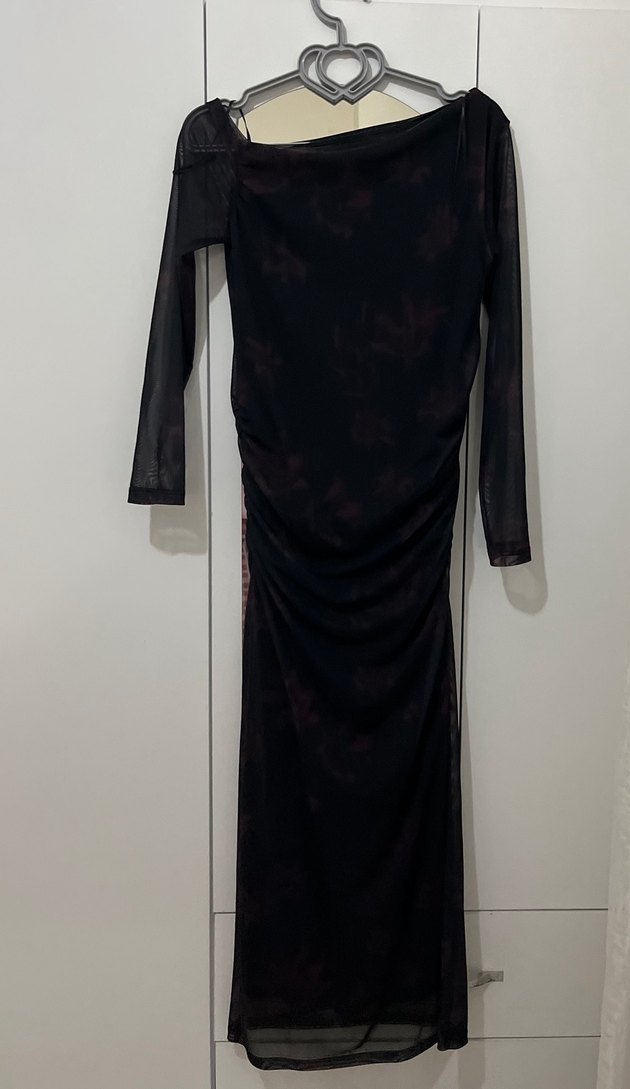 Siyah Drapeli Uzun Kollu Uzun Elbise - Görsel 2