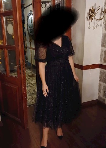 Siyah Parlak Midi V Yaka Gotik Elbise