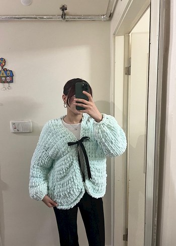 Kadın puffy el örgüsü Hırka - Görsel 2