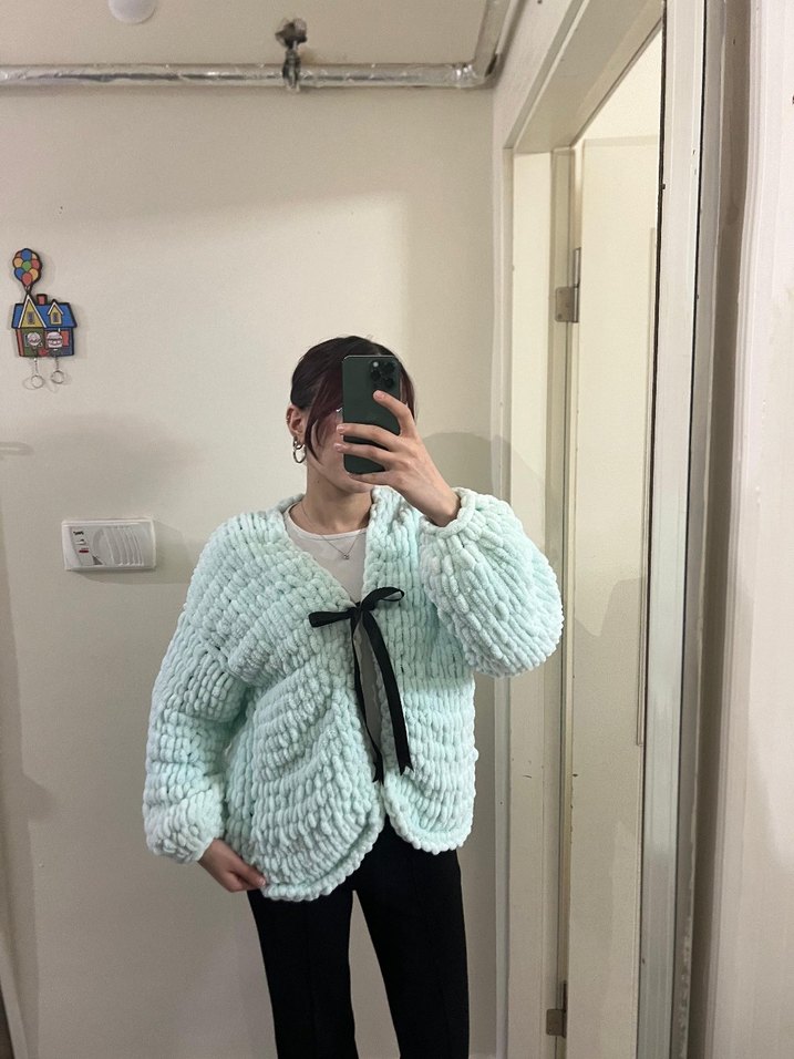 Kadın puffy el örgüsü Hırka - Görsel 2