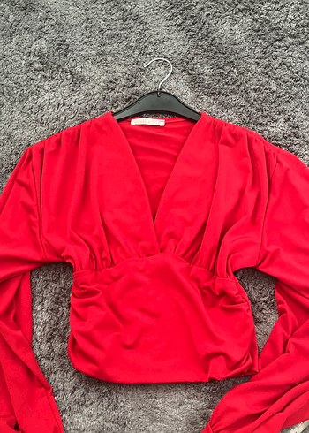 Kırmızı Uzun Kollu V Yaka Drapeli Bluz - Görsel 3