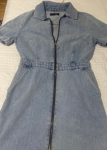 Fermuarlı Kısa Kollu Mavi Denim Elbise