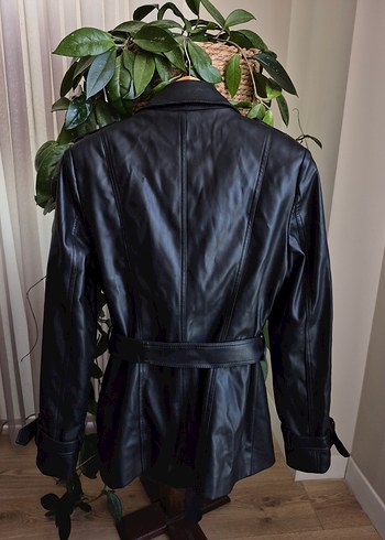 Siyah Suni Deri Kemerli Midi Trençkot - Görsel 5