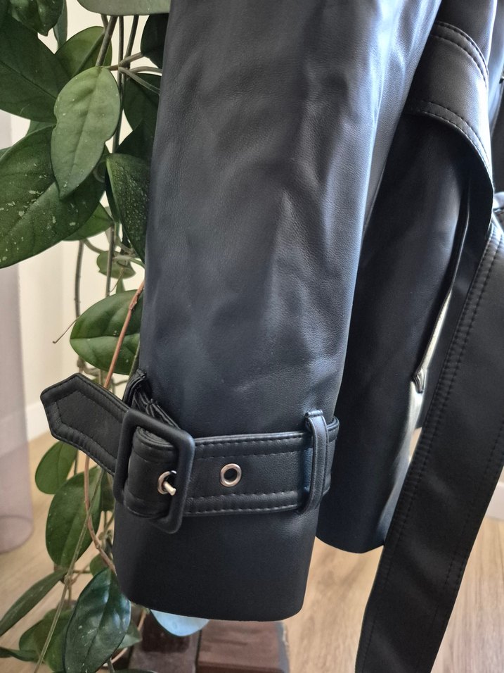 Siyah Suni Deri Kemerli Midi Trençkot - Görsel 3