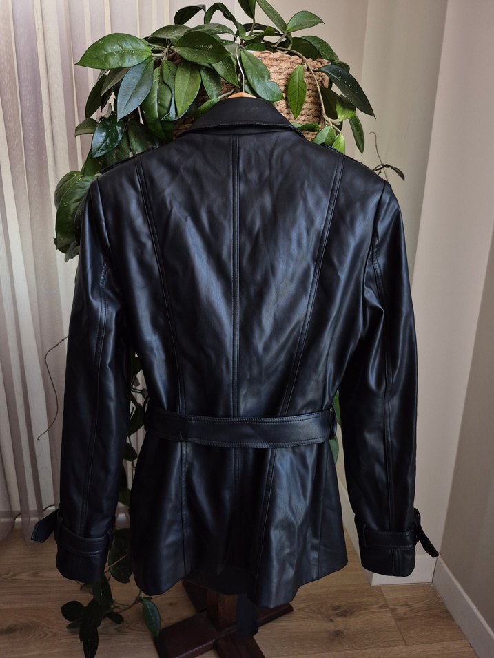 Siyah Suni Deri Kemerli Midi Trençkot - Görsel 5