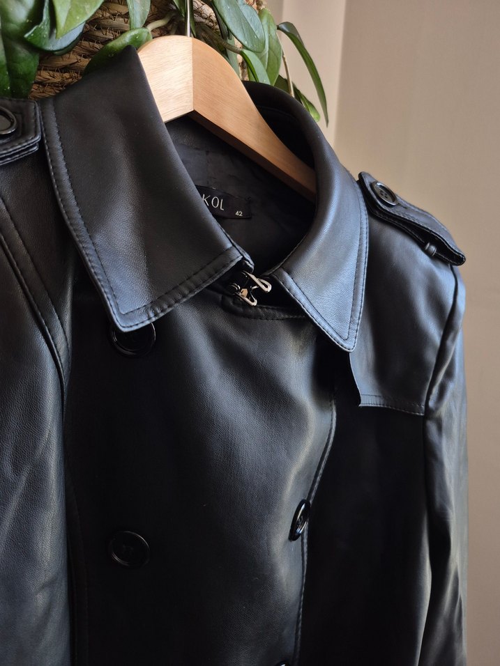 Siyah Suni Deri Kemerli Midi Trençkot - Görsel 2