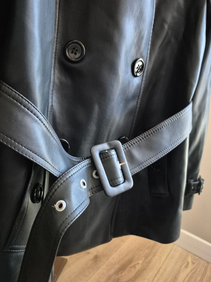 Siyah Suni Deri Kemerli Midi Trençkot - Görsel 4