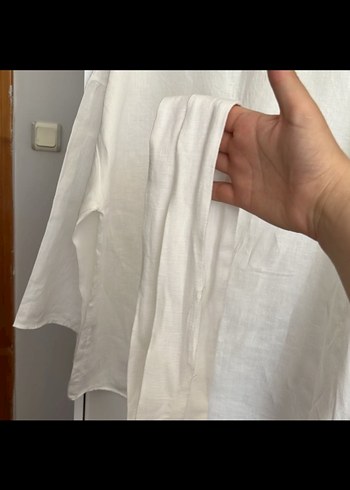 Düğmeli Beyaz Keten Kadın Gömlek - Görsel 5