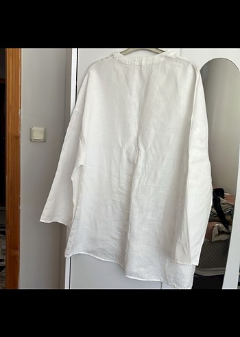 Düğmeli Beyaz Keten Kadın Gömlek - Görsel 4
