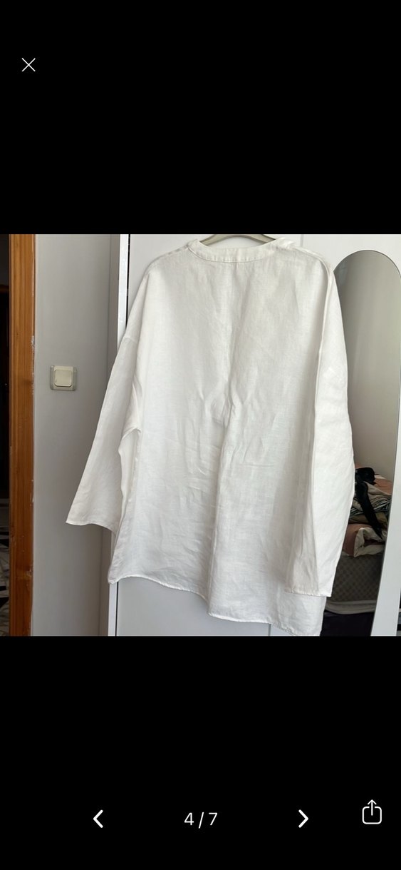 Düğmeli Beyaz Keten Kadın Gömlek - Görsel 4