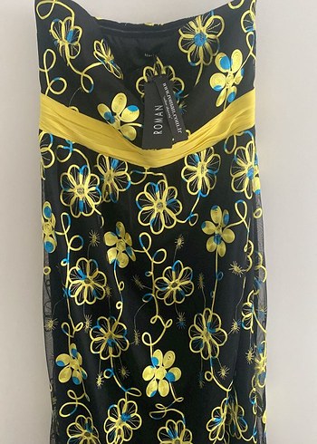 Sarı Nakışlı Straplez Uzun Bohem Elbise - Görsel 2