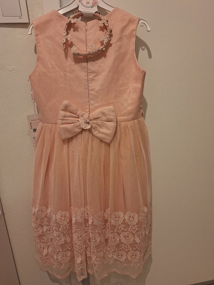 Pembe Nakışlı Kız Çocuk Dantel Elbise - Görsel 2