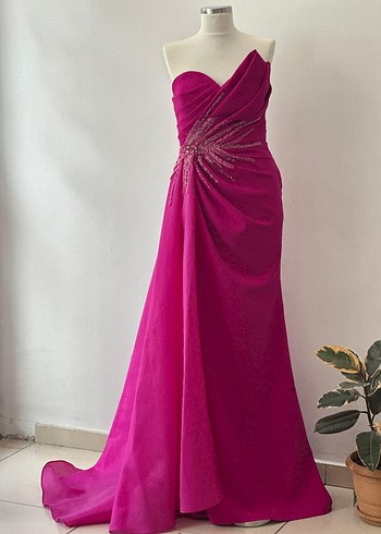 Pembe Drapeli Straplez Uzun Abiye Elbise