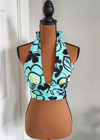 Turkuaz Desenli Straplez Kısa Crop Top zara - Görsel 3