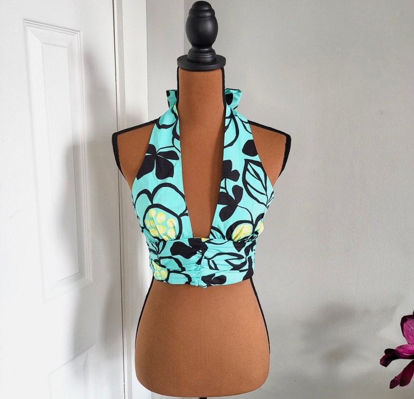 Turkuaz Desenli Straplez Kısa Crop Top zara - Görsel 3