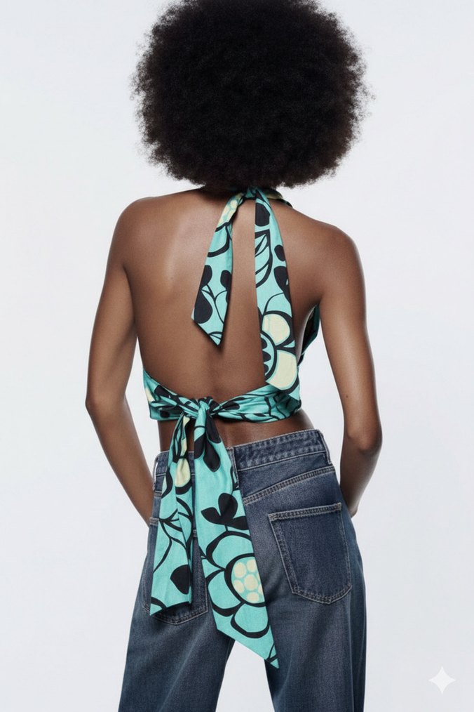 Turkuaz Desenli Straplez Kısa Crop Top zara - Görsel 2