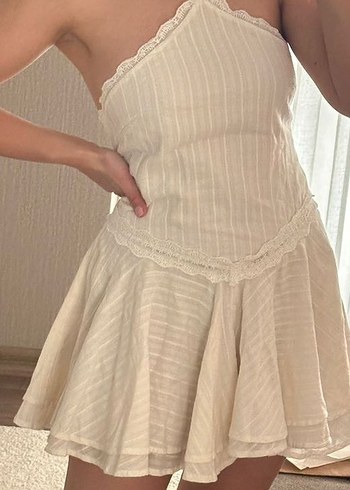 Zara Zara Beyaz Keten Mini Bohem Elbise