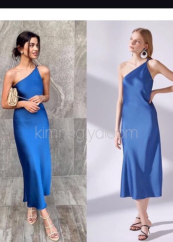 Urban muse Mavi Parlak Midi Drapeli Askılı Elbise