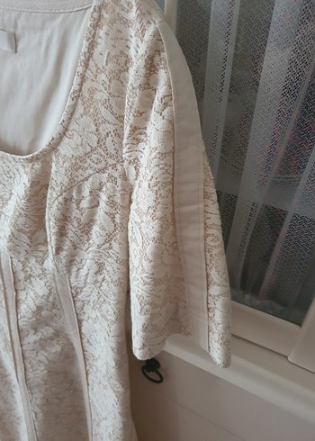 Dantel Detaylı midi keten elbise. - Görsel 3