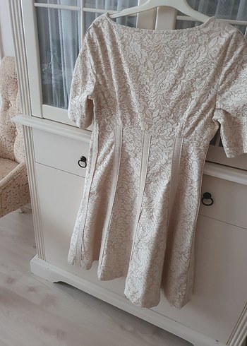 Dantel Detaylı midi keten elbise. - Görsel 6