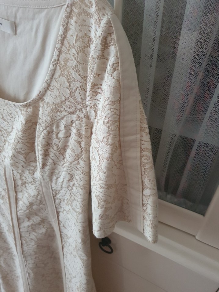 Dantel Detaylı midi keten elbise. - Görsel 3