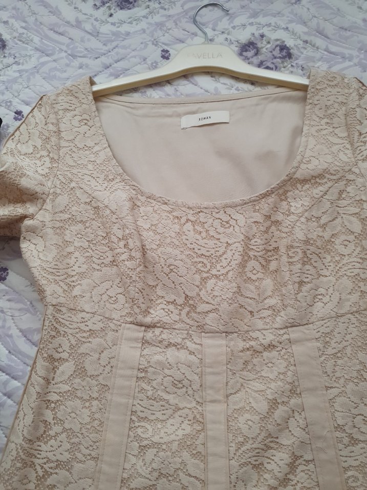 Dantel Detaylı midi keten elbise. - Görsel 4