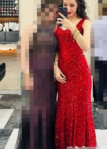 m Beden Parlak Kırmızı Uzun Abiye Elbise