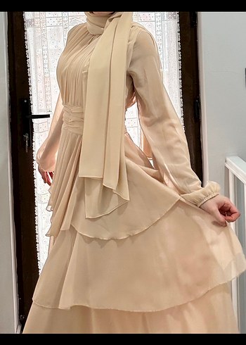 Bej Uzun Şifon Kadın Elbise - Görsel 5