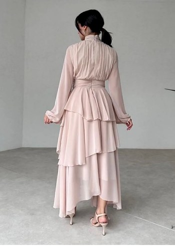 Bej Uzun Şifon Kadın Elbise - Görsel 3