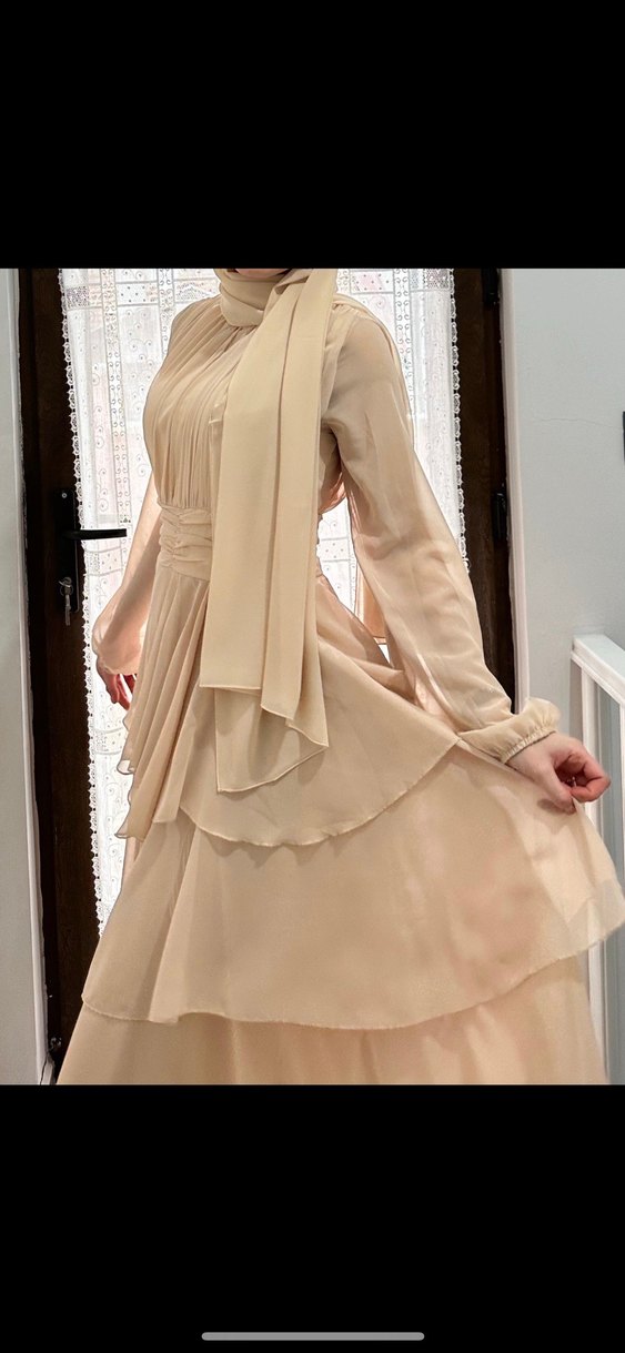 Bej Uzun Şifon Kadın Elbise - Görsel 5